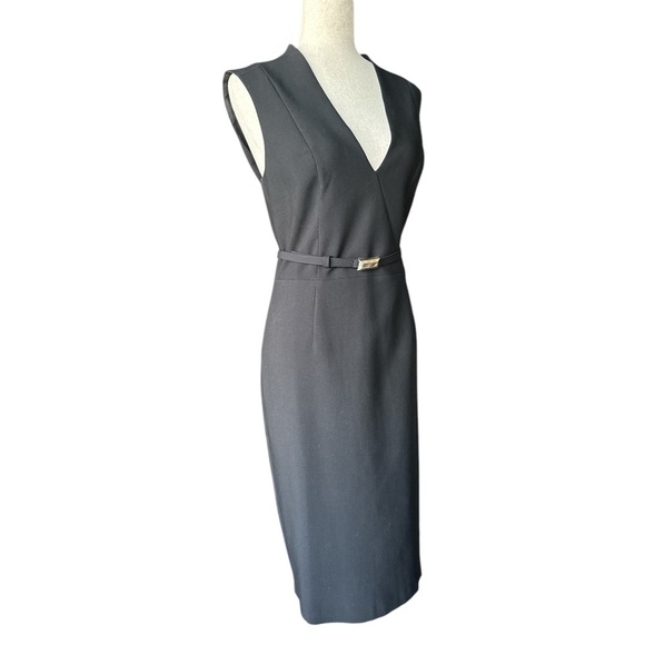 WHBM White House Black Market Black Fitted Pencil Belted Sheath Dress 12 NWOT - Picture 2 of 12